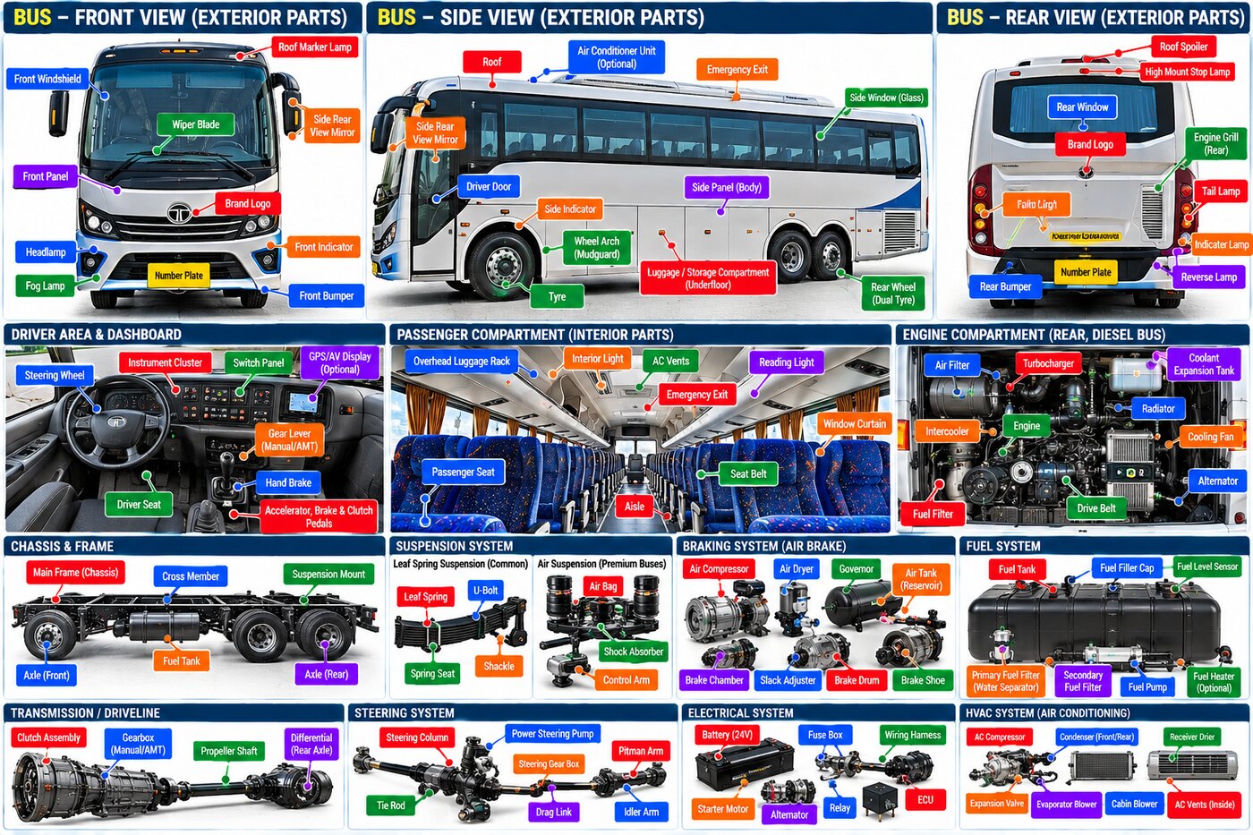 Labelled parts of a bus — body panels, passenger compartment, rear diesel engine, air-brake, suspension, HVAC and electrical