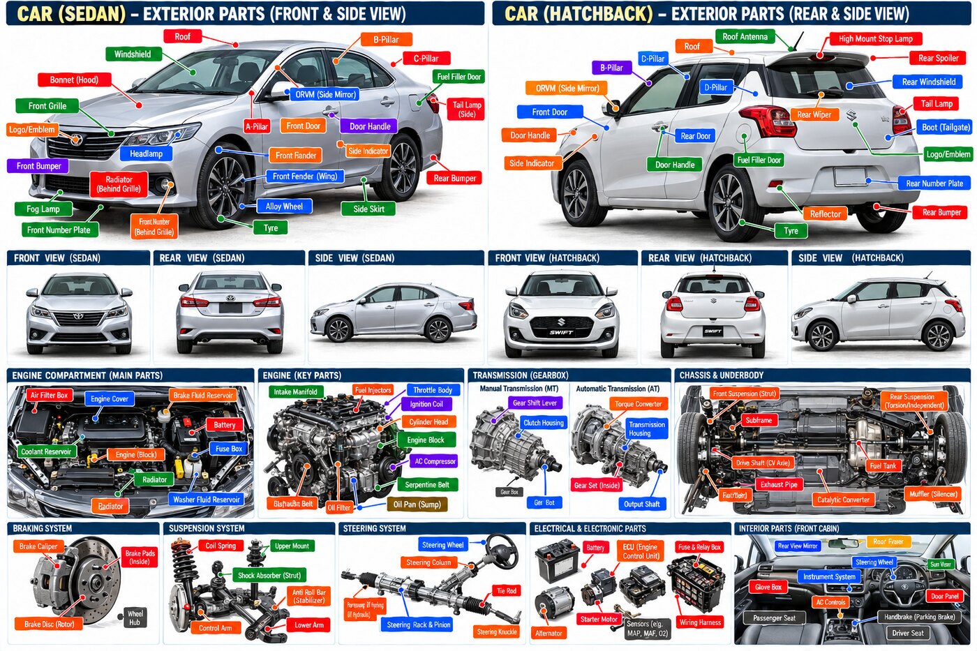 Labelled exterior and system parts of a car — bonnet, bumper, fenders, A/B/C pillars, engine, transmission, suspension, braking and interior