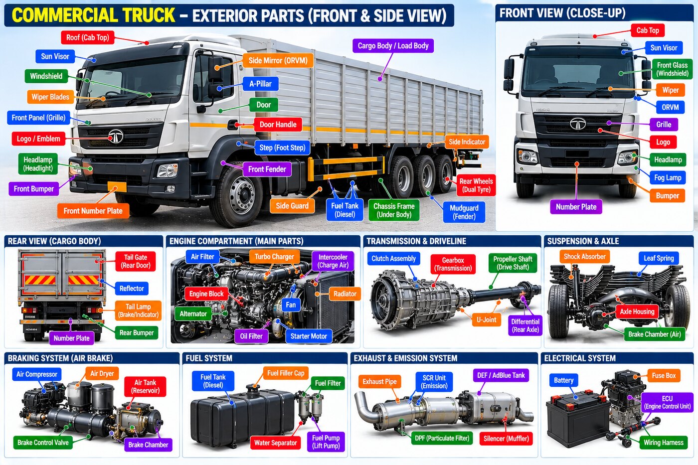 Labelled parts of a commercial truck — cab, cargo body, chassis, engine, air-brake system, suspension, fuel and exhaust