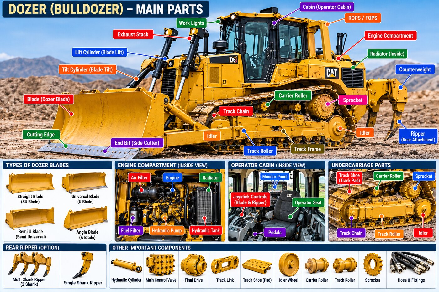 Labelled main parts of a bulldozer — blade, cutting edge, cylinders, ripper, undercarriage, engine, cabin
