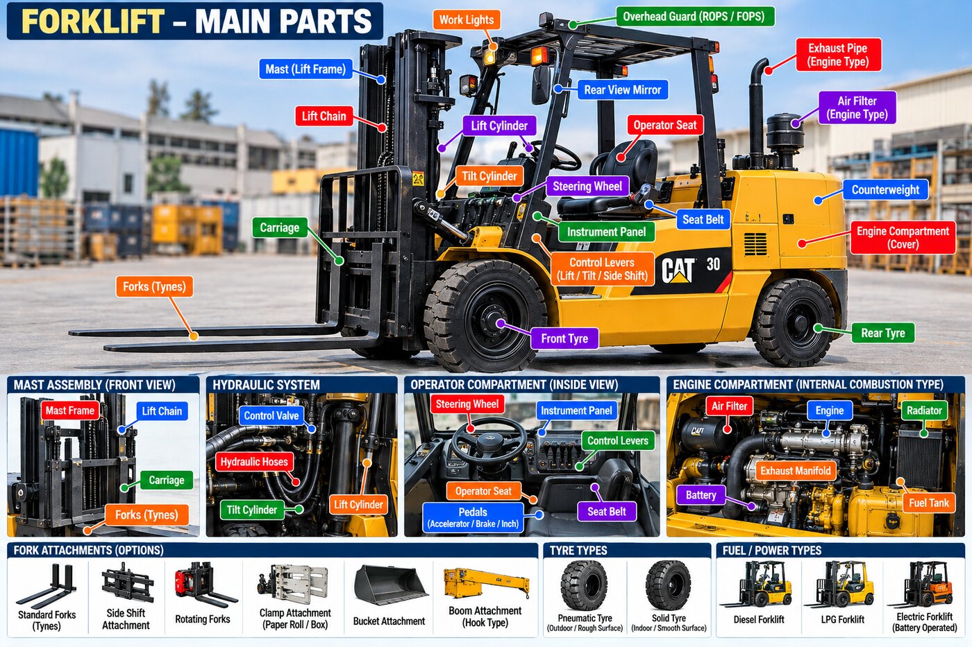Labelled main parts of a forklift — mast, lift chain, carriage, forks, cylinders, overhead guard, counterweight