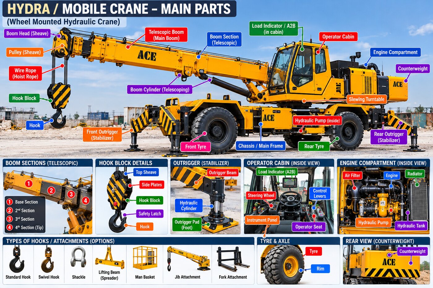 Labelled main parts of a wheel-mounted hydraulic mobile crane — telescopic boom, wire rope, hook block, outriggers, slewing turntable