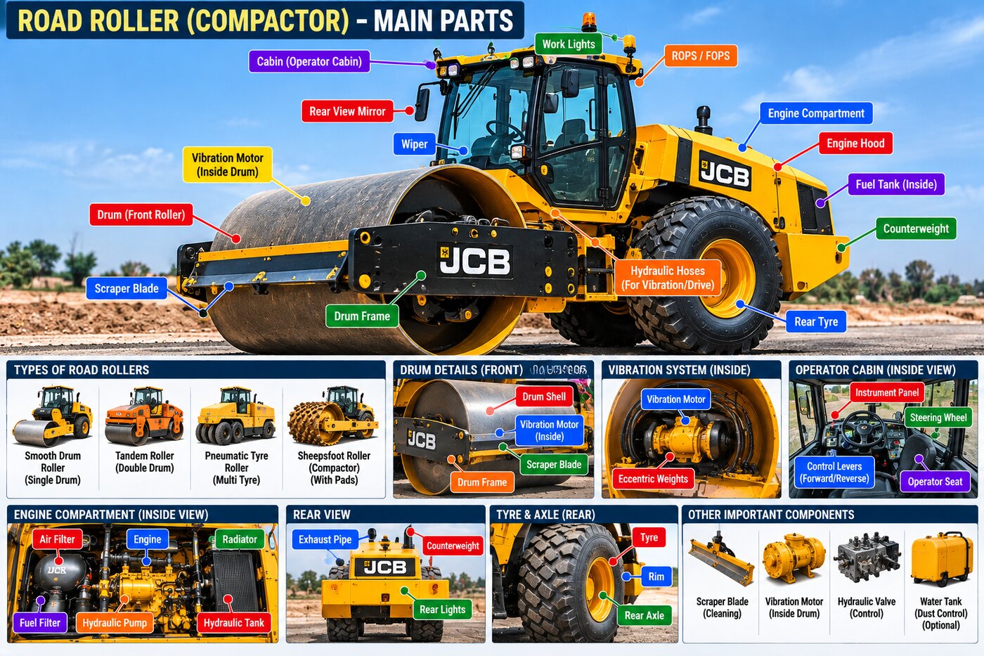 Labelled main parts of a road roller / compactor — drum, drum frame, scraper blade, vibration motor, engine compartment