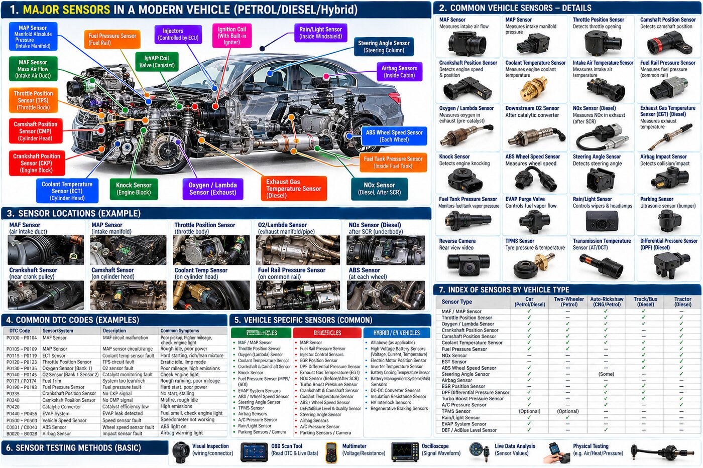 Major sensors in a modern vehicle with locations, common DTC fault codes, vehicle-type index and basic sensor testing methods