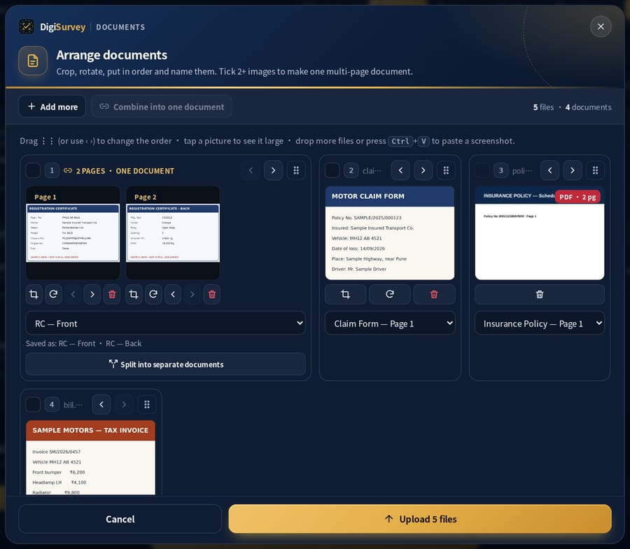 Arrange documents sheet: RC front and back combined into one two-page document, a claim form, a two-page policy PDF and a repair invoice, each with its document type before upload (sample data)