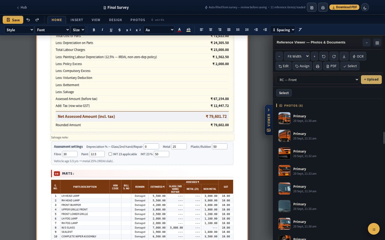 Final survey report assessment in the editor: summary of assessment with depreciation on parts, labour, excesses, tax and net assessed amount, assessment settings for depreciation rates and IMT 23, and the parts table (sample data)