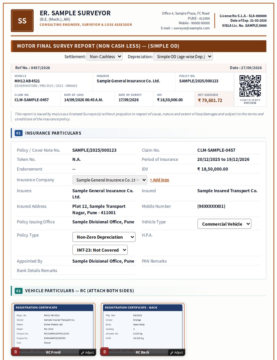 Motor final survey report on a professional letterhead: licence details, title bar, summary strip with vehicle, insurer, policy, claim, IDV and net assessed amount, QR verify code, and numbered Insurance Particulars and Vehicle Particulars sections with RC images (sample data)