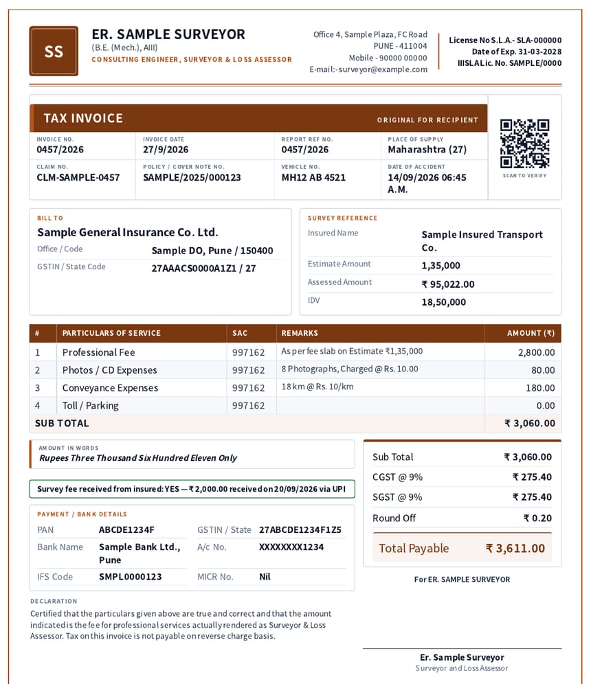 One-page tax invoice on the surveyor letterhead: QR verify code, bill to insurer with GSTIN, survey reference, professional fee, photographs and conveyance rows with SAC 997162, CGST and SGST, total payable and the survey fee received from the insured (sample data)