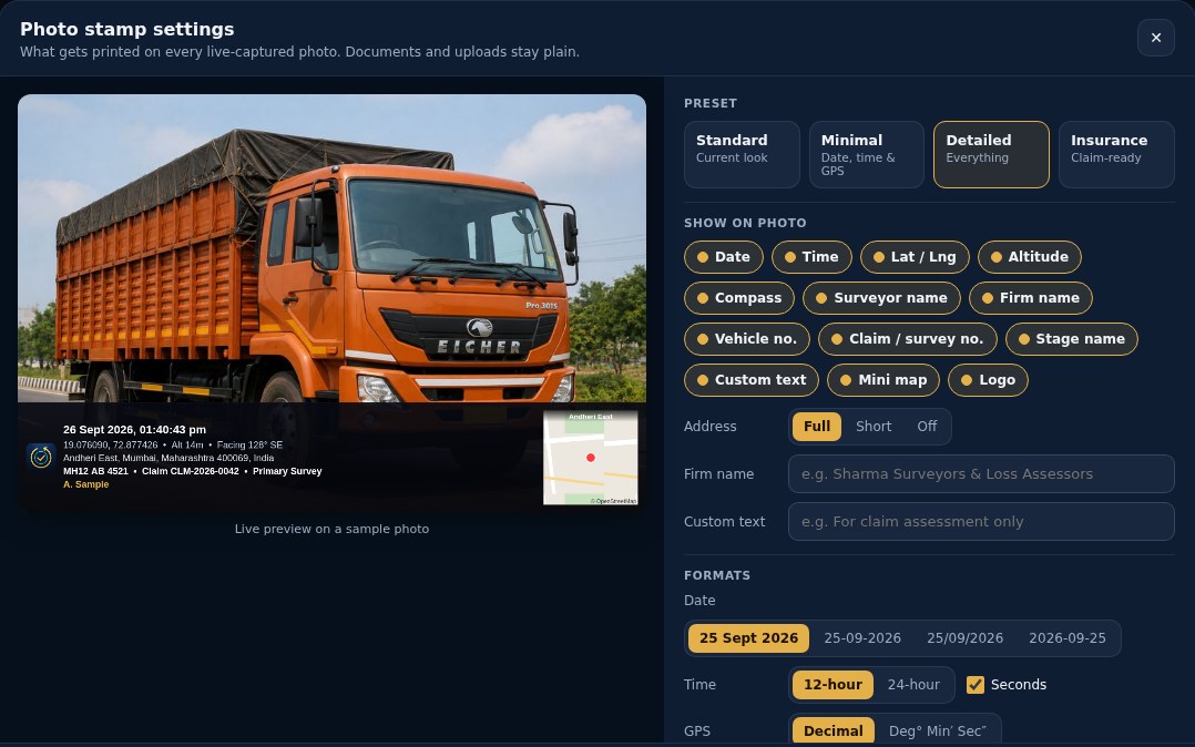 Photo stamp settings: a live preview of a stamped truck photo with date, GPS, address, vehicle and claim number and a mini map, beside the Standard, Minimal, Detailed and Insurance presets and the list of items to show (sample data)