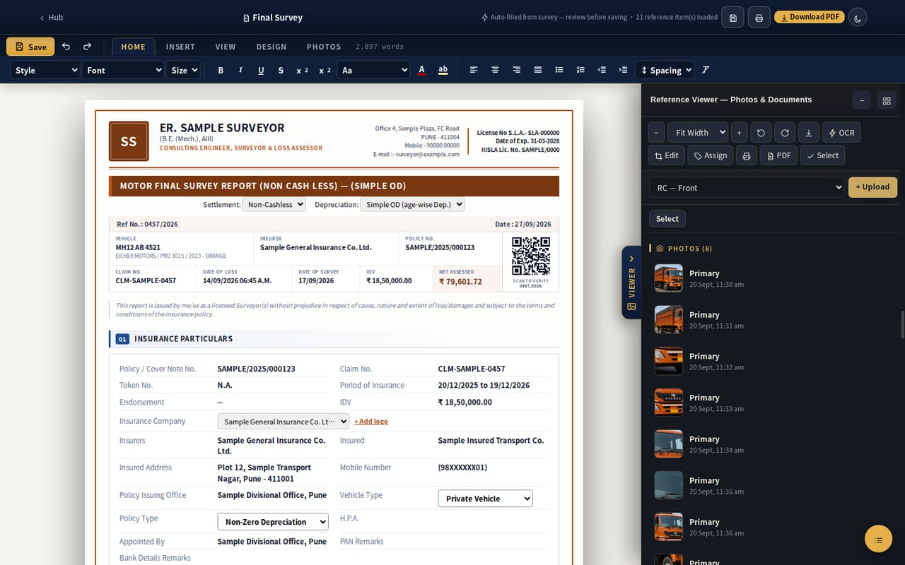 Final survey report in the editor on a professional letterhead with licence details, QR verify box, numbered Insurance Particulars filled from the survey, and the photos and documents viewer open beside it (sample data)