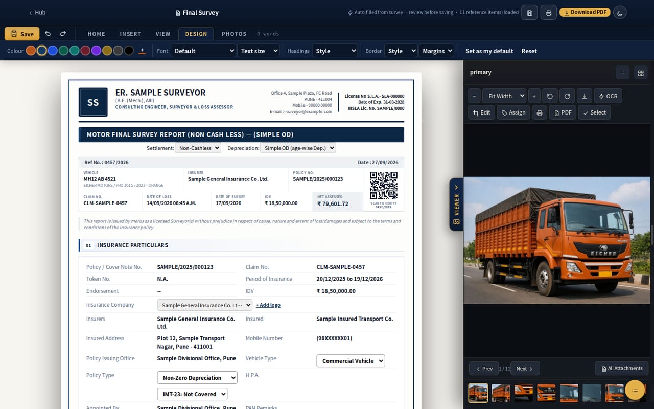 Final survey report open in the editor with the DESIGN tab: report colours, font, heading style, border and margins, with the navy colour applied to the letterhead and title bar, and a truck photo in the reference viewer (sample data)