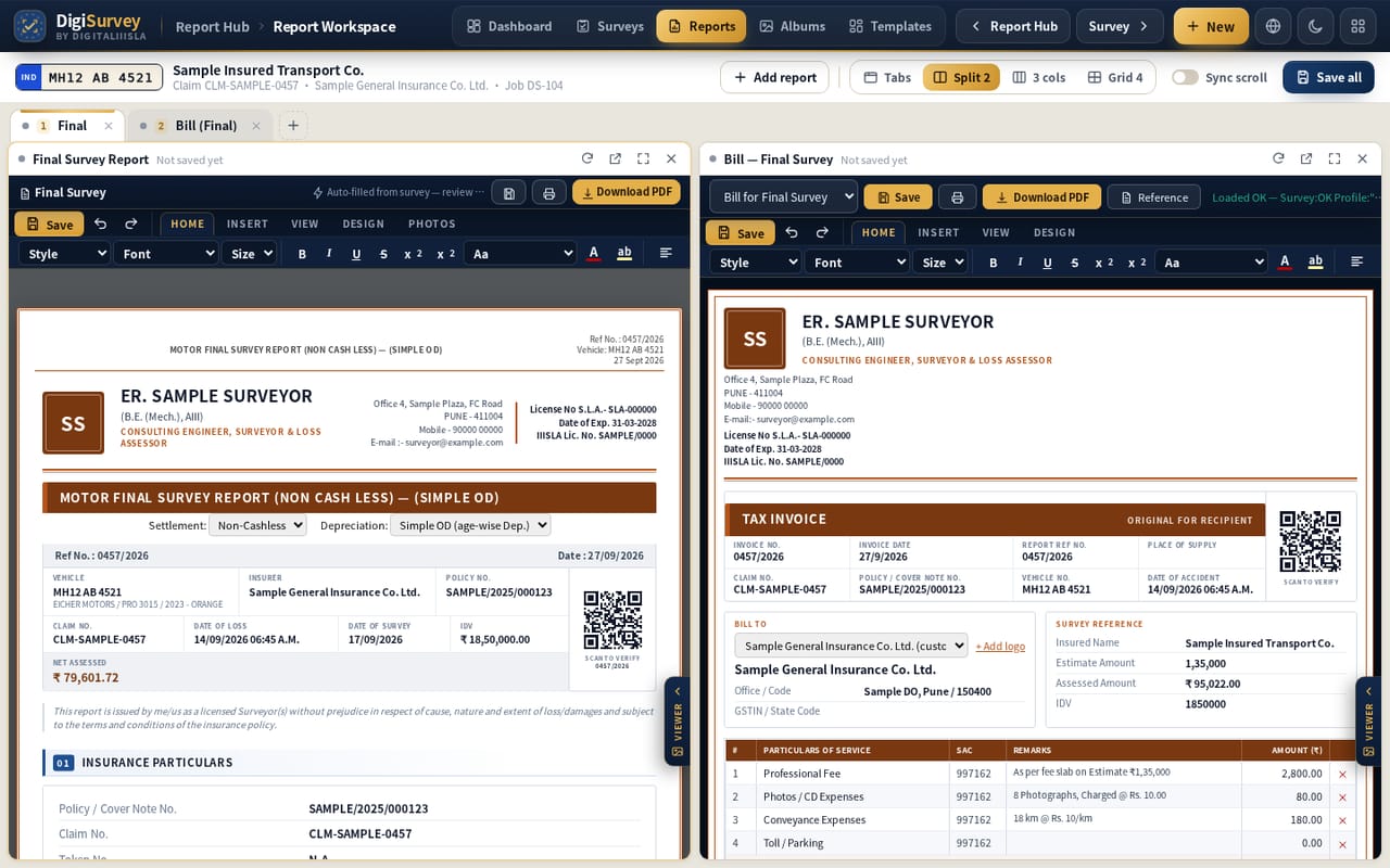 Report workspace in Split 2 view with the Motor Final Survey Report on the left and its one-page tax invoice on the right, each with its own ribbon (sample data)